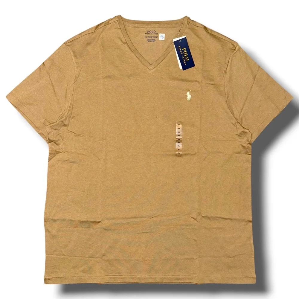 Polo Ralph Lauren Men V-Neck T-Shirt XXL Tan Khaki Cotton Short Sleeve Pony Logo